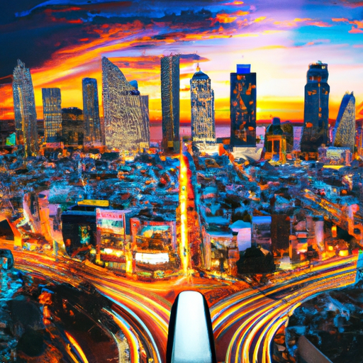 נוף פנורמי של קו הרקיע של תל אביב, אורות מנצנצים בשעת בין ערביים כשטנדר מנעולן נוסע ברחובות הסואנים.